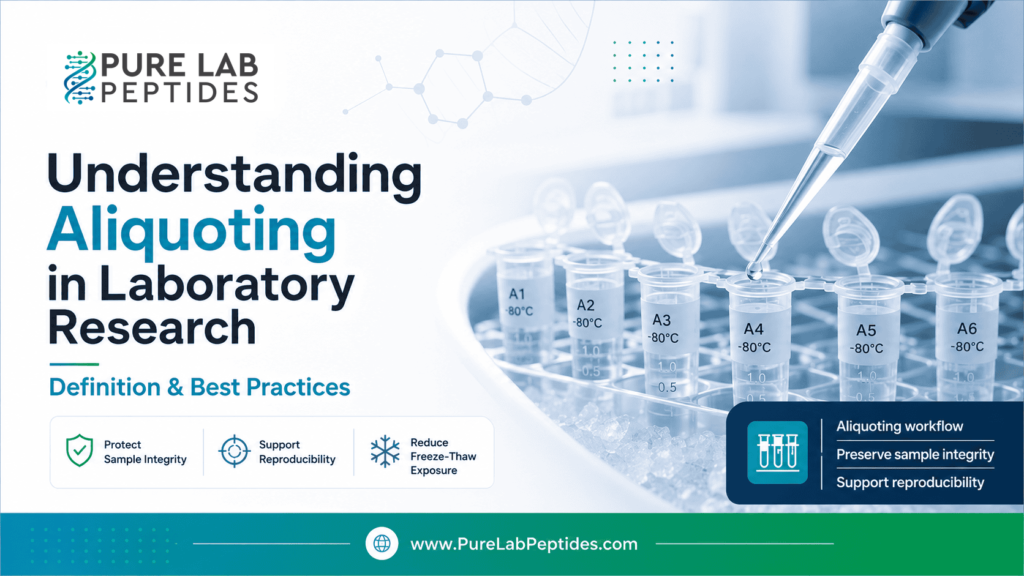 Laboratory research infographic on aliquoting workflow and sample integrity from Pure Lab Peptides